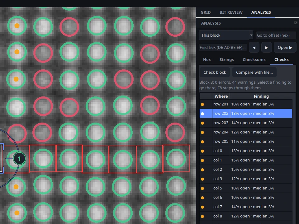 Design rule check findings listed in the analysis pane, with the selected column marked on the image