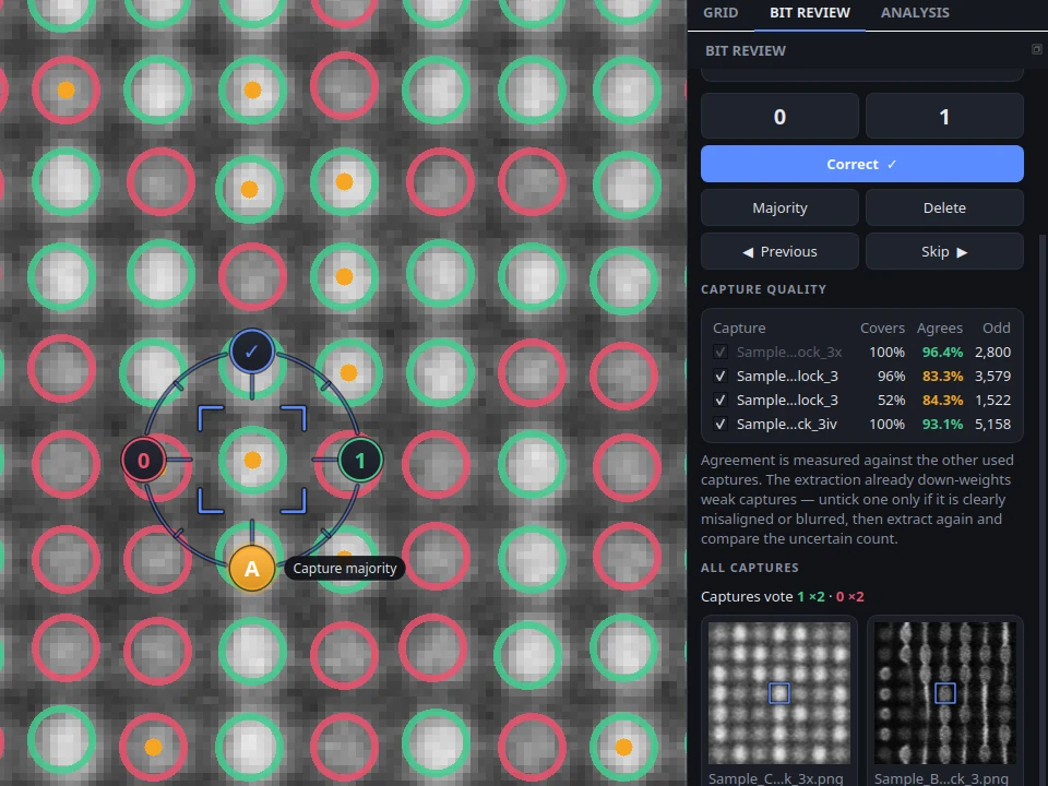 The review reticle next to the capture quality table and the selected bit shown in each capture with its vote