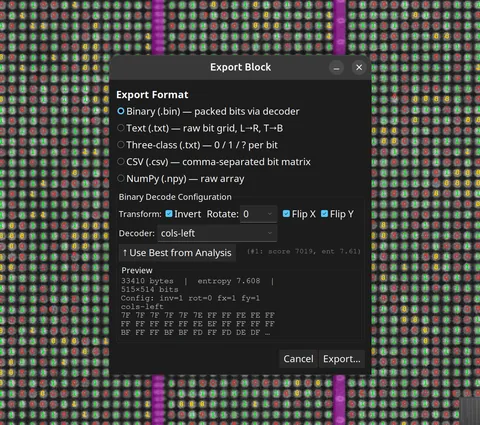 Stage 5: Export dialog and decode results